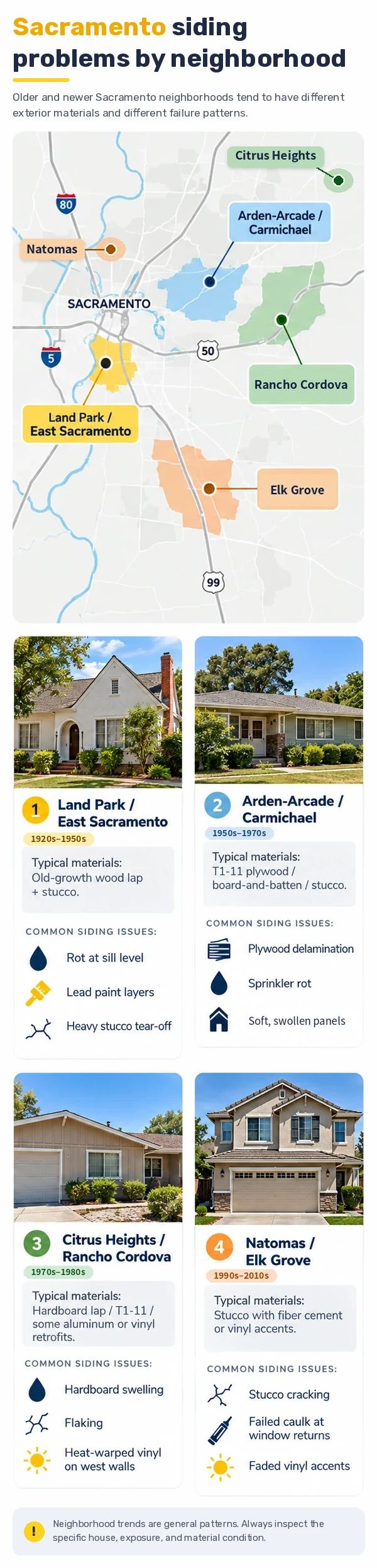 Map of Sacramento showing four neighborhood groups (Land Park and East Sacramento, Carmichael and Fair Oaks, Citrus Heights and Rancho Cordova, Natomas and Elk Grove) with the typical siding materials and common siding problems for each