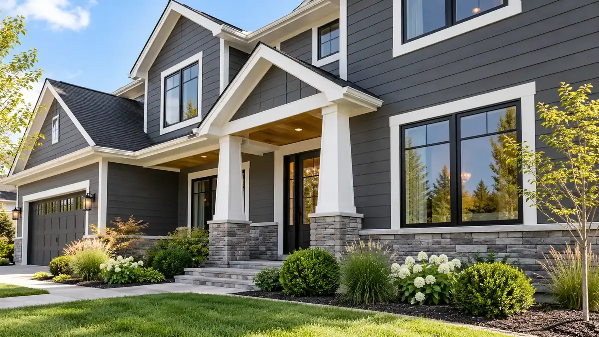 Charcoal fiber cement lap siding with white trim on a two-story Sacramento home