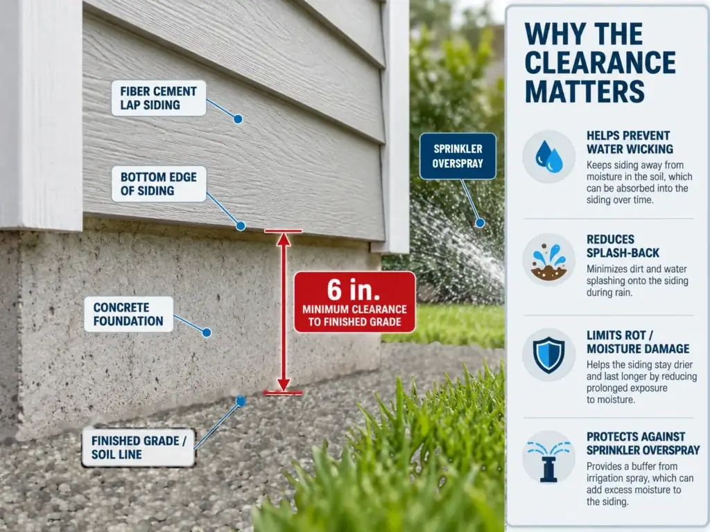 Fiber cement lap siding with a 6-inch clearance above gravel finished grade and sprinkler overspray nearby