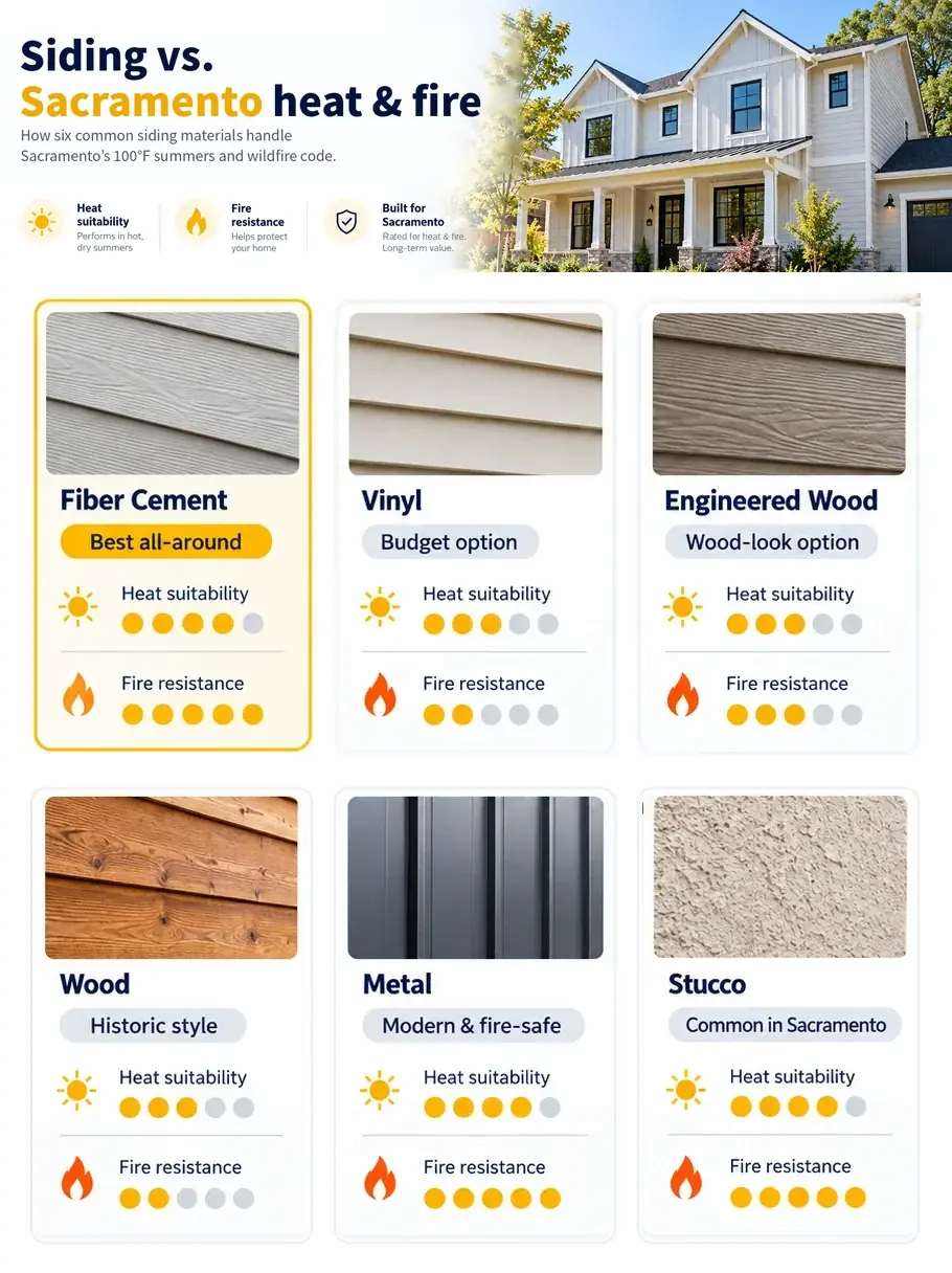 Comparison of fiber cement, vinyl, engineered wood, wood, metal and stucco siding for Sacramento heat suitability and fire resistance
