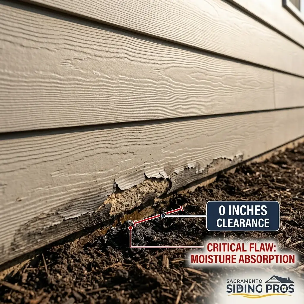 Swollen fiber cement bottom course resting directly on soil with zero ground clearance