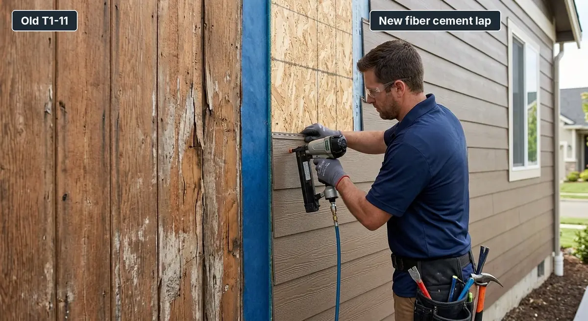 HardiePanel board and batten replacing T1-11 siding